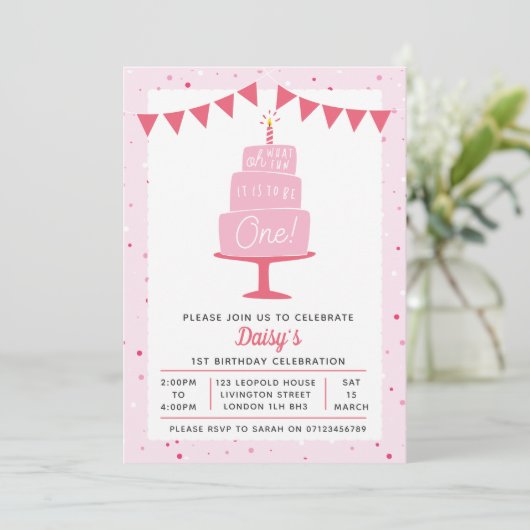お誕生日ケーキガールズ1歳の誕生日の招待状 招待状 (スタンド正面)