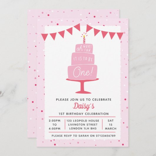 お誕生日ケーキガールズ1歳の誕生日の招待状 招待状 (正面/裏面)
