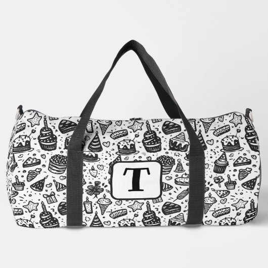 お誕生日ケーキドードル白黒パターン2 ダッフルバッグ (正面)