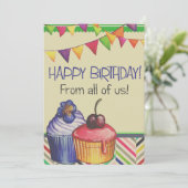 お誕生日ケーキバルーンスケッチ、ヴィンテージグリーティング シーズンカード (スタンド正面)