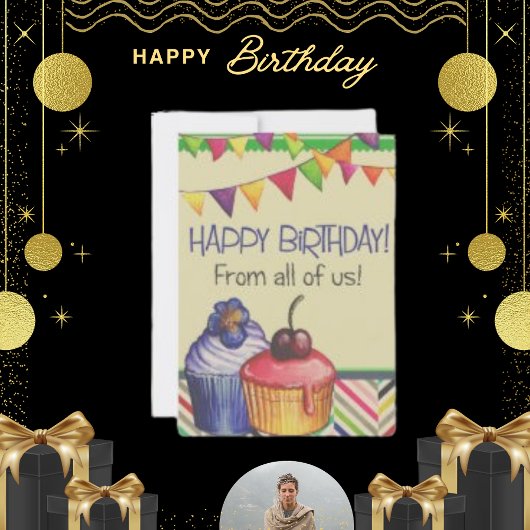 お誕生日ケーキバルーンスケッチ、ヴィンテージグリーティング シーズンカード