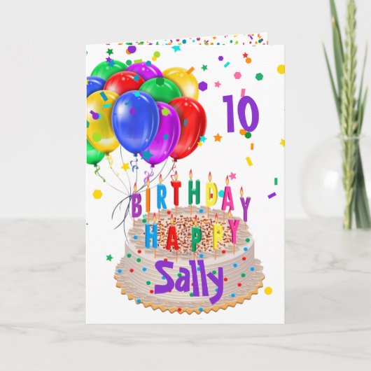 お誕生日ケーキバルーン名前を追加AGE子供の女の子 カード (正面)
