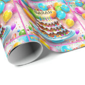 お誕生日ケーキバルーン女の子の名前を追加カラフル ラッピングペーパー (ロールコーナー)