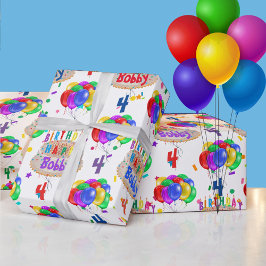 お誕生日ケーキバルーン少年の年齢をパーソナライズ ラッピングペーパー