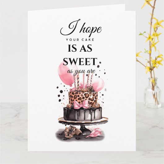 お誕生日ケーキヒョウ柄ピンクバルーン カード (黄色い花)