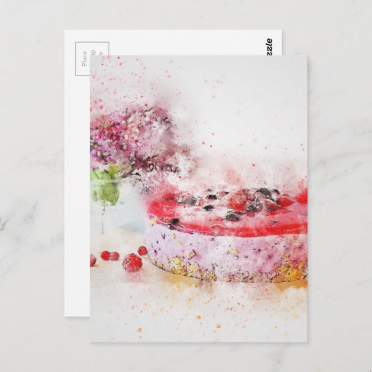 お誕生日ケーキフルーツデザートウォーターカラー抽象芸術 ポストカード (正面/裏面)
