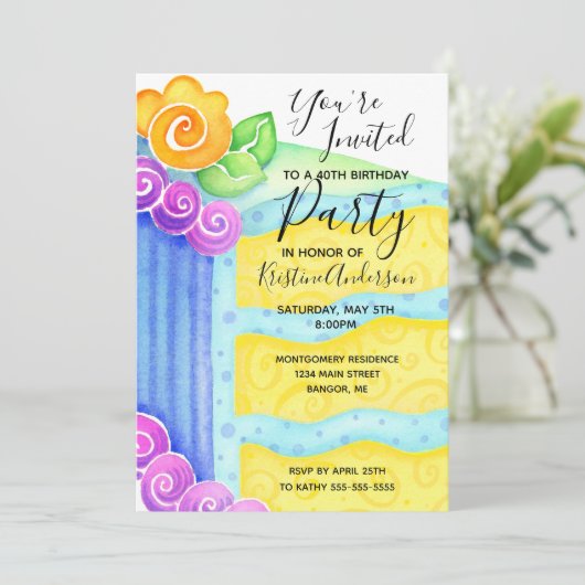 お誕生日ケーキブルーイエローフローラ40位パーティー 招待状 (スタンド正面)