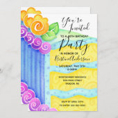 お誕生日ケーキブルーイエローフローラ40位パーティー 招待状 (正面/裏面)