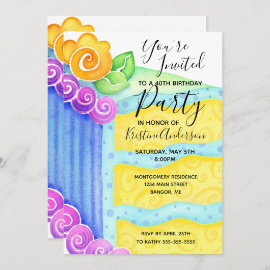 お誕生日ケーキブルーイエローフローラ40位パーティー 招待状 (正面/裏面)