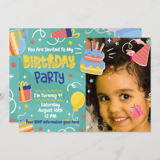 お誕生日ケーキプレゼントバルーンパーティー 招待状 (正面/裏面)