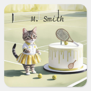 お誕生日ケーキ付きコートのキャットテニス選手 スクエアシール