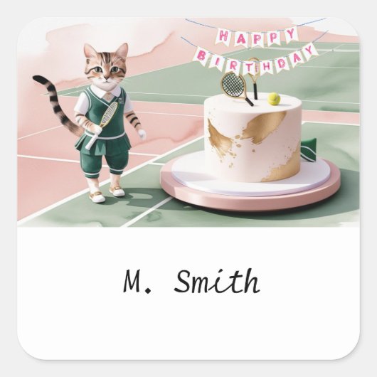 お誕生日ケーキ付きコートのキャットテニス選手 スクエアシール (正面)
