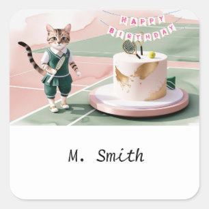 お誕生日ケーキ付きコートのキャットテニス選手 スクエアシール