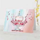 お誕生日ケーキ及び音楽ノートカード カード (黄色い花)