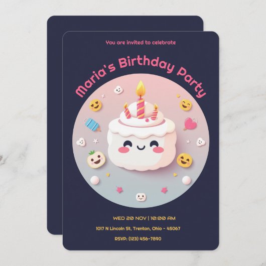 お誕生日ケーキ(絵文字とキャンドル) 招待状 (正面/裏面)
