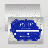 お誕生日パーティーの出欠確認カード - ロイヤルブルー シルバー ホワイトカード 招待状 (正面/裏面)