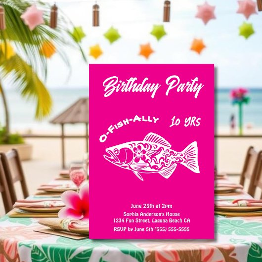 お誕生日パーティー フィッシュ ハワイアン オフィシャルにピンク 招待状