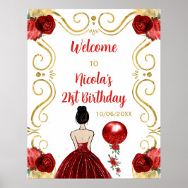 お誕生日パーティー ブラウン ヘア プリンセス 赤いドレス ウェルカム ポスター