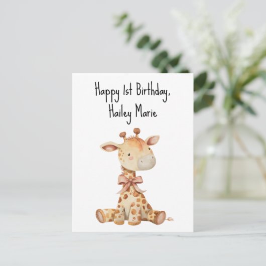 お誕生日プレゼントのぬいぐるみキリン 名入れ可能 ポストカード (スタンド正面)