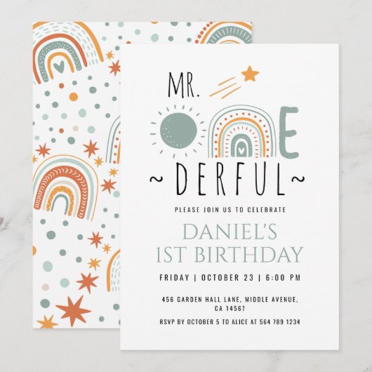 お誕生日ボーイ ワンダフル ボヘミアンレインボー ファーストバースデー 招待状 (正面/裏面)