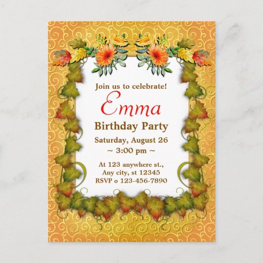 お誕生日会 秋の落ち葉 かわいい モダン ポストカード (正面)