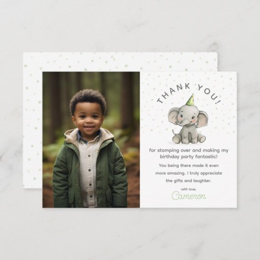 お誕生日写真をスタンプでシェア、かわいいゾウのイラスト サンキューカード (正面/裏面)