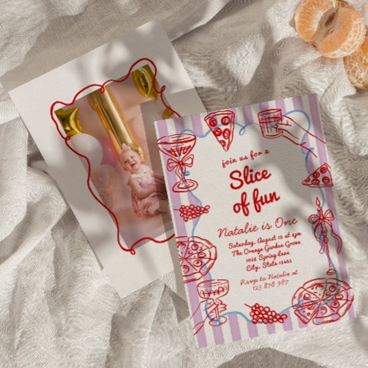 お誕生日最初の手描きピザスライスの楽しい写真、1歳の誕生日 招待状