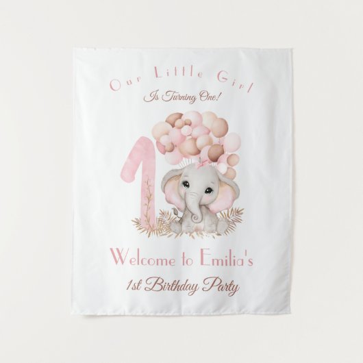 お誕生日1歳の女の子 エレファント ウェルカムサイン タペストリー (正面)