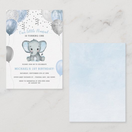 お財布に優しいゾウの風船 1歳の誕生日招待状 ノートカード (正面/裏面)