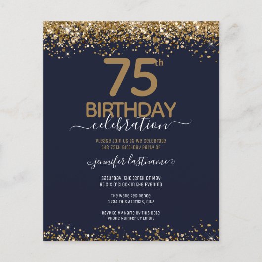 お財布に優しい75歳誕生日グリッター招待状  フライヤー (正面)