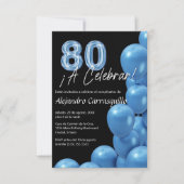 お財布に優しい スペイン語  青い風船 黒 80歳の誕生日 招待状 (正面)