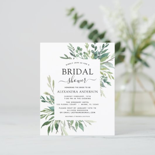 お財布に優しい ブライダルシャワーのためのグリーンとボタニカルな招待状 (スタンド正面)