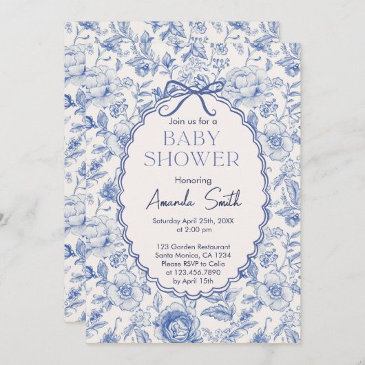 お辞儀の赤ちゃんシャワー付きチノワセリーフラワーガーデン 招待状 (正面/裏面)