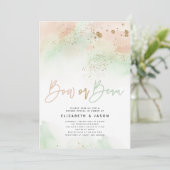 お辞儀またはボウ ミントとピンク 性別発表 グリッター 招待状 (スタンド正面)