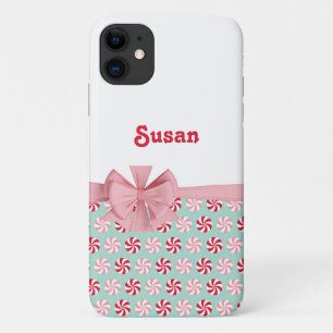 お辞儀パーソナライズされた付きピンク&グリーンクリスマスキャンディ iPhone 11 ケース