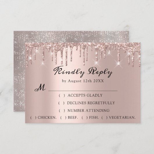 お返事ください ローズ ウェディング グリッター ブライダル シャワー ドリップス 出欠カード (正面/裏面)