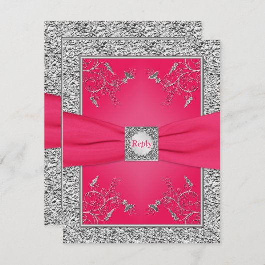 お返事カード | ピンク, 偽銀箔, 花模様 招待状 (正面/裏面)