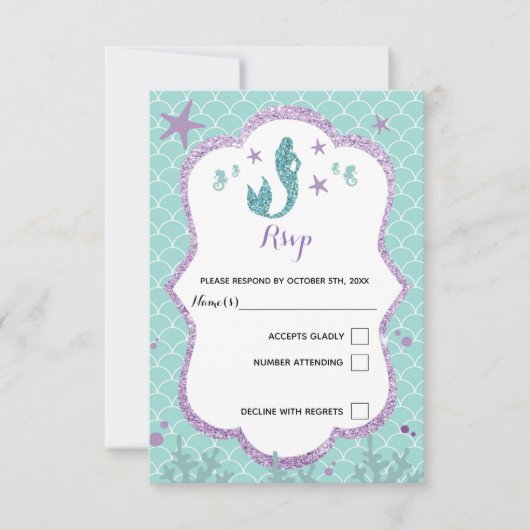お返事カード マーメイド 海の中 紫 ティール 招待状 (正面)