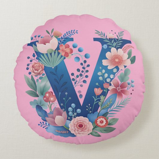 お部屋に花のレターVモノグラムスロー枕 ラウンドクッション (正面)