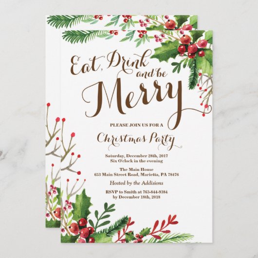 お酒を食べ飲んで楽しくクリスマスパーティの招待状 招待状 (正面/裏面)