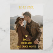 お酒、食事、ダサいダンス 楽しい Save The Date 箔招待状 (正面)