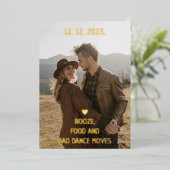 お酒、食事、ダンスの下手さ 面白い 保存日決定 箔招待状 (立ち正面)