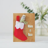 お金のロールが付いているクリスマスのストッキング シーズンポストカード (スタンド正面)