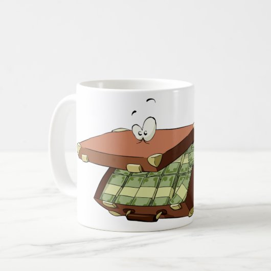 お金の束でいっぱいの漫画のスーツケース コーヒーマグカップ (正面左)