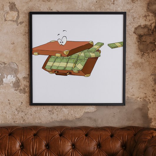 お金の束でいっぱいの漫画のスーツケース ポスター