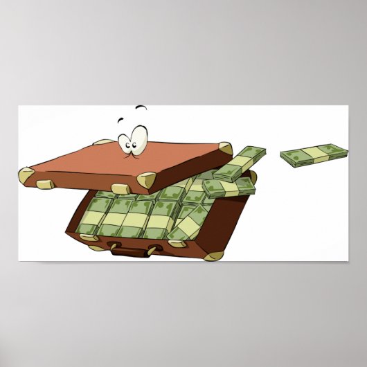 お金の束でいっぱいの漫画のスーツケース ポスター (正面)