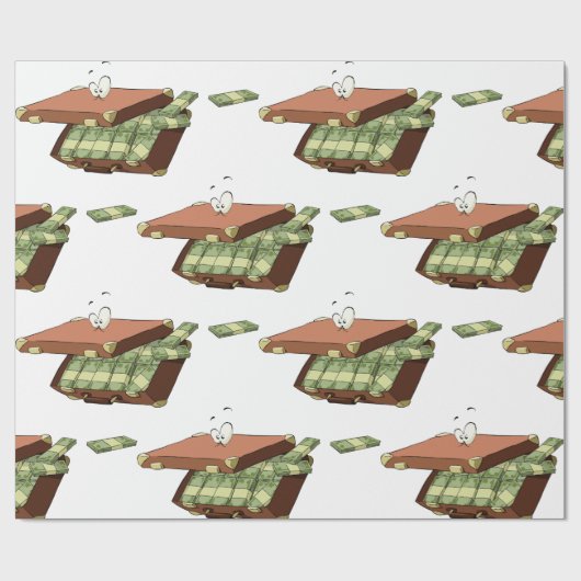 お金の束でいっぱいの漫画のスーツケース ラッピングペーパー (フラット)