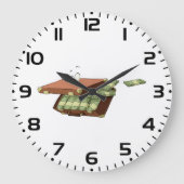 お金の束でいっぱいの漫画のスーツケース ラージ壁時計 (正面)