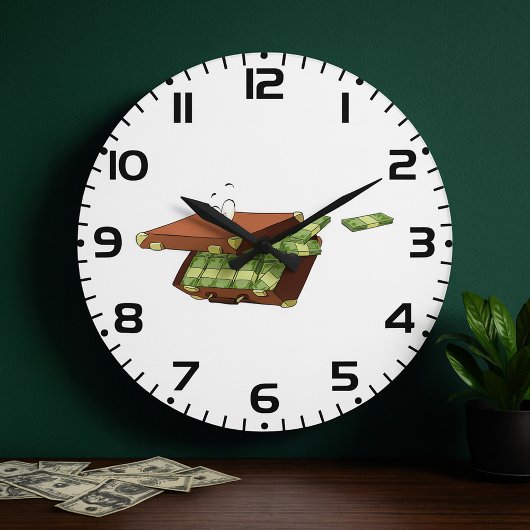 お金の束でいっぱいの漫画のスーツケース ラージ壁時計