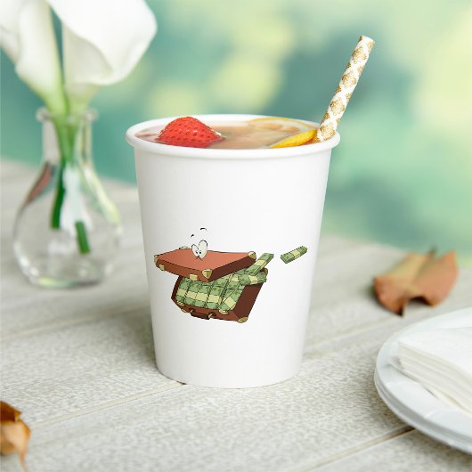 お金の束でいっぱいの漫画のスーツケース 紙コップ